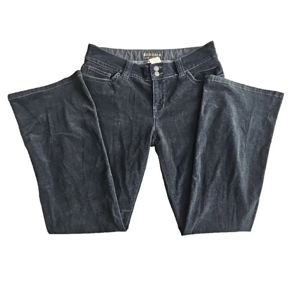 Sonoma Corduroy Pants Women's 10 Average (34x32) Black Boot Cut Brown Flap‎ Pkt
